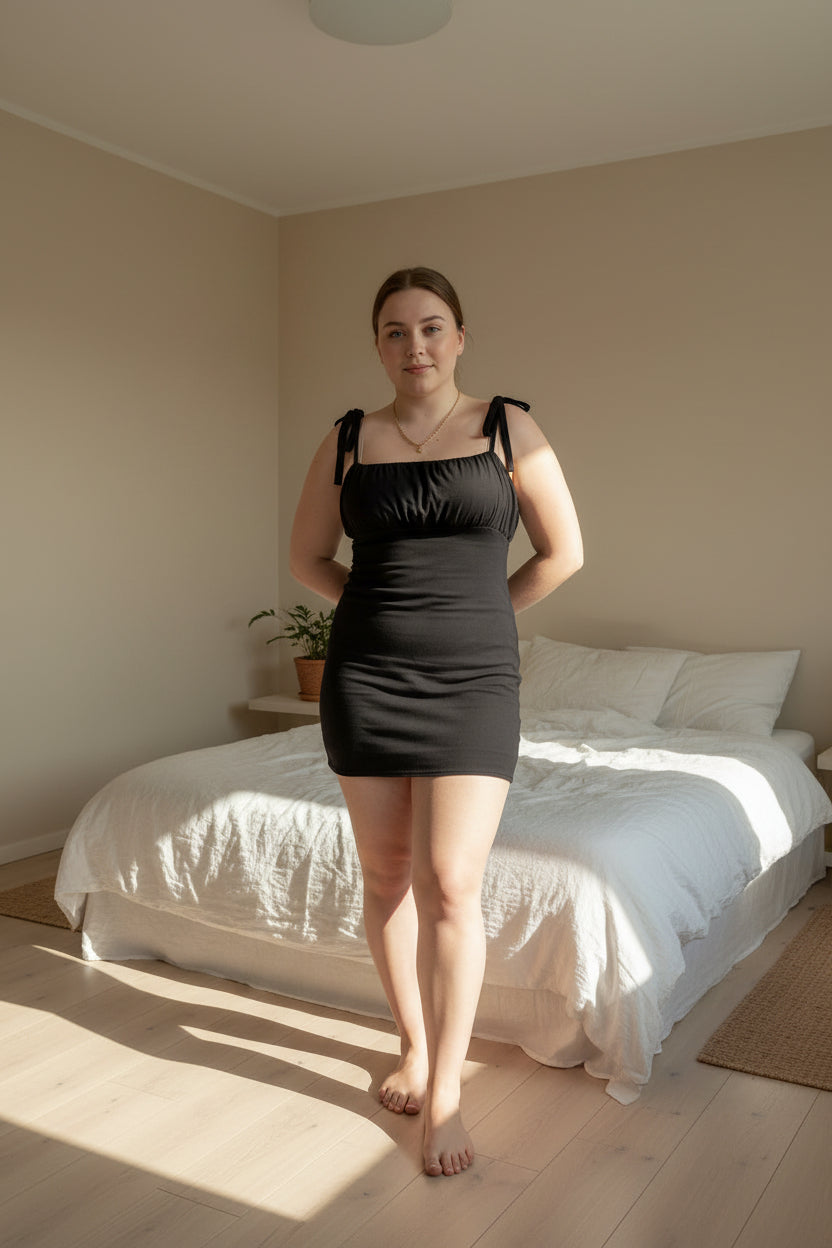Person wearing a black dress standing on a bed with a neutral background
